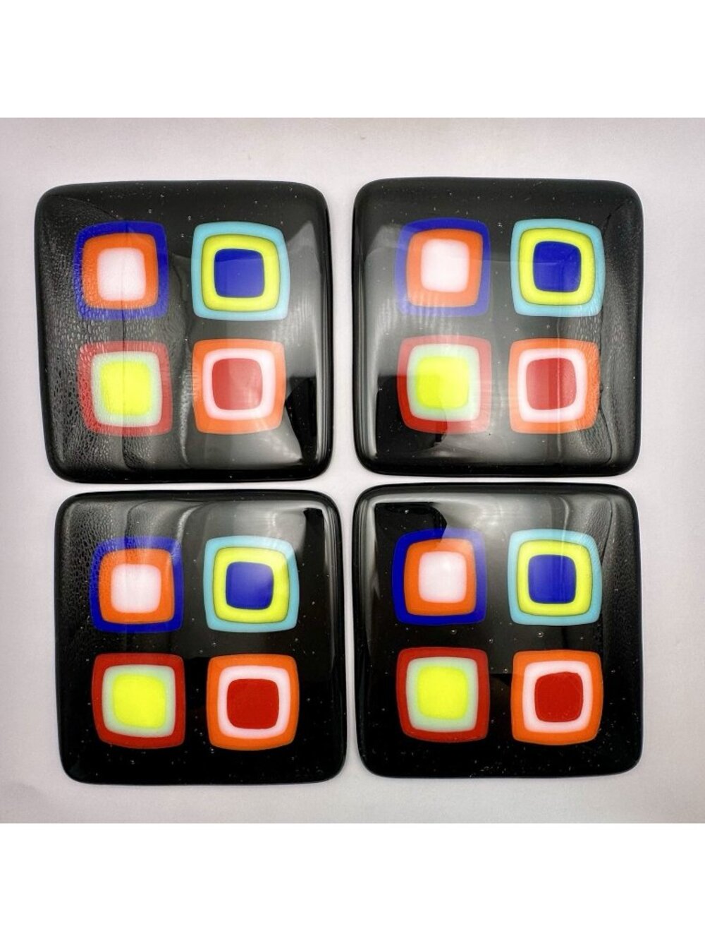Modernist Geometric Design Coasters Set of 4 Signed Terry Hart Fused Art Glass